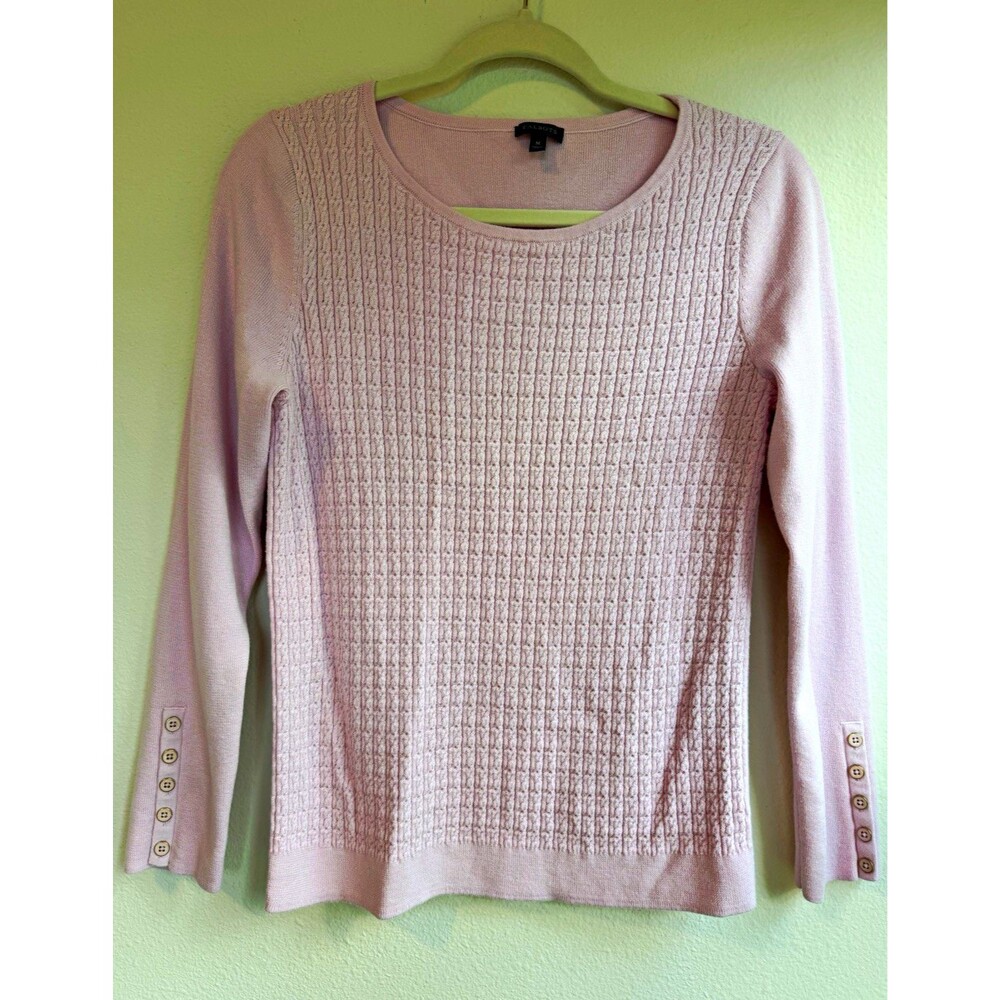 Talbots Pink Cable Knit Scoop Neck Long Sleeve Pullover Sweater Button Cuffs M